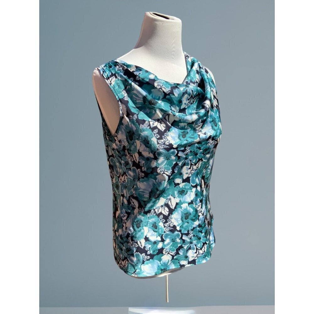 Ann Taylor Loft petite turquoise sleeveless cowl neck floral spandex blouse PS - Picture 2 of 10